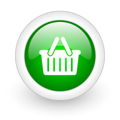 shopping cart green circle glossy web icon on white background