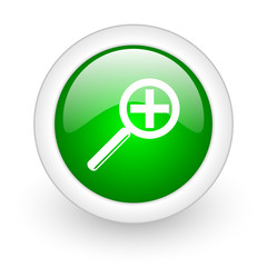 magnification green circle glossy web icon on white background