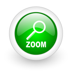 zoom green circle glossy web icon on white background