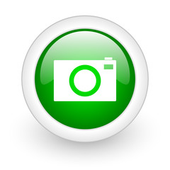 camera green circle glossy web icon on white background