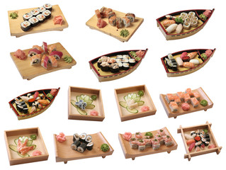 sets of sushi with the different types of seafood
