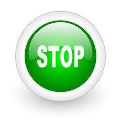 stop green circle glossy web icon on white background
