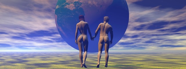 adam and eve and apple - obrazy, fototapety, plakaty