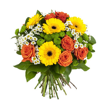 bouquet of yellow and orange flowers isolated on white