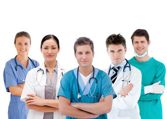 Group of hospital workers standing in line