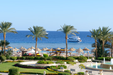 Motor yacht and beach at the luxury hotel, Sharm el Sheikh, Egyp