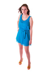 Portrait of young beautiful brunette over white background