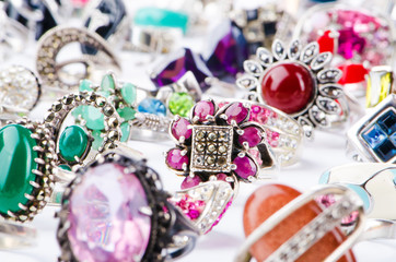 Collection of jewellery rings on white