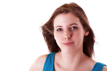 Portrait of young beautiful brunette over white background