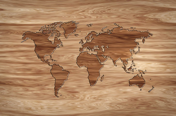 world map carved in wood