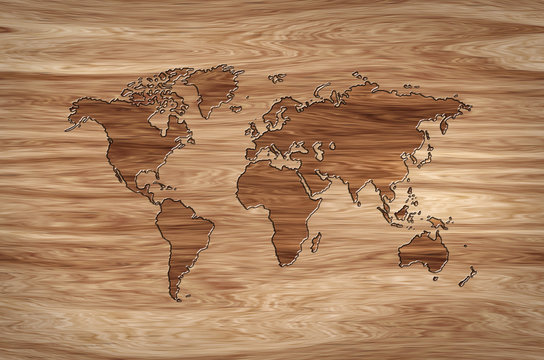 Fototapeta world map carved in wood