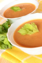 celery soup decorated with celery leaves