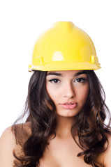 Young woman with hellow hard hat on white