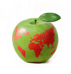 green apple with red world map, isolated on white background