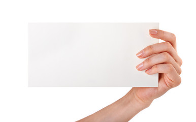 Woman holding blank business card