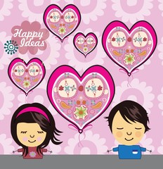 Cute girl and boy characters with hearts background
