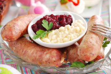 white sausage with beetroot and horseradish for easter