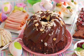 chocolate ring cake with almonds and nuts for easter