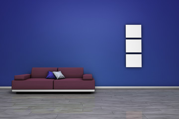 Sofa And Blue Empty Wall