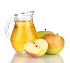 Full jug of apple juice and apple isolated on white