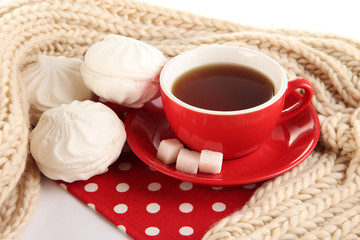 cup of tea with scarf isolated on white