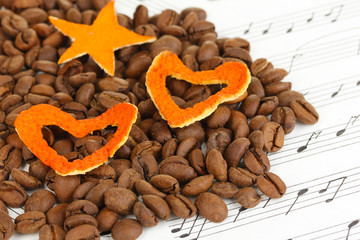 Decorative hearts from dry orange peel with coffee beans