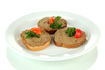 Toasted bread with pate on color plate, isolated on white