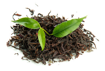 Dry black tea with green leaves, isolated on white