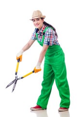 Woman gardener with shears on white