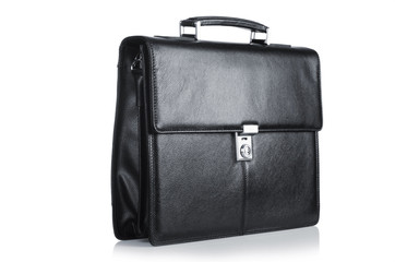 Black leather briefcase isolated on the white - obrazy, fototapety, plakaty