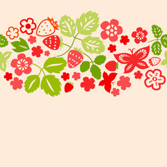 Red strawberry and leaves seamless background, vector