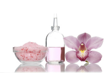 spa set-orchid, massage oil, salt in bowl