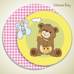 baby shower card with teddy bear and his toy