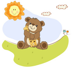 childish greeting card with teddy bear and his toy