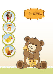 childish greeting card with teddy bear and his toy
