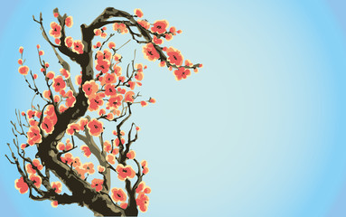 Vector background with flowering branches against a blue sky
