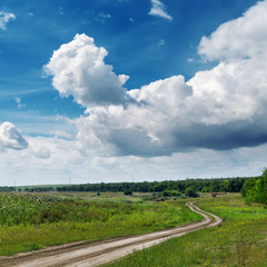 green landscape with road and cloudy blue sky