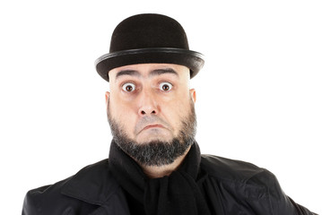 Confused man with beard and bowler hat