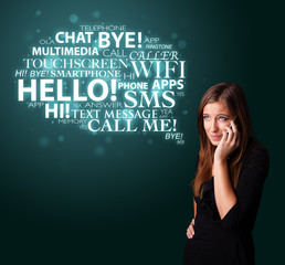 Young girl calling by phone with word cloud