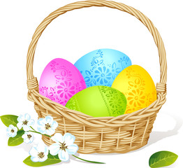 colorful easter eggs in basket with spring flower decoration