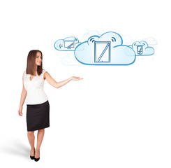young woman presenting modern devices in clouds