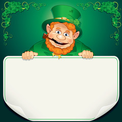 St. Patrick's Day Card. Leprechaun with Blank Sign