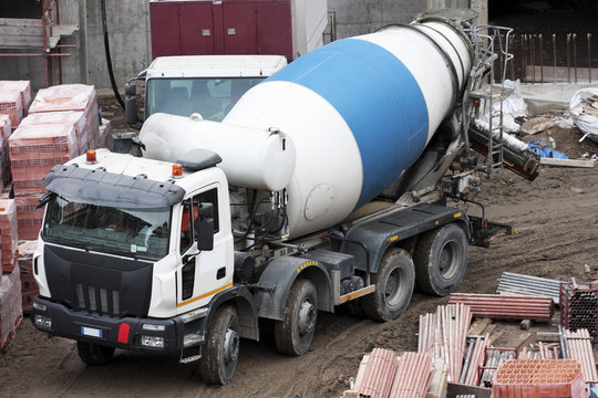 Cement mixer truck at construction site  