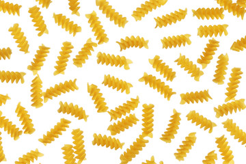 Fusilli dry pasta on a white background