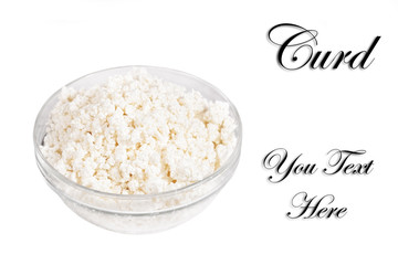 Fresh cottage cheese (curd) in glass bow, isolated on white back
