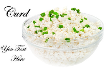 Fresh cottage cheese (curd) in glass bow, isolated on white back