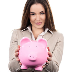 beautiful woman with piggy bank