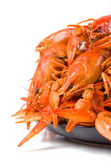 Red boiled crayfish on white large dish on white background