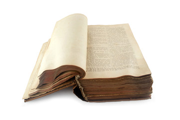 Old open antique book isolated on white background