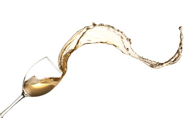 Witte wijn spatten uit glas, geïsoleerd op een witte achtergrond